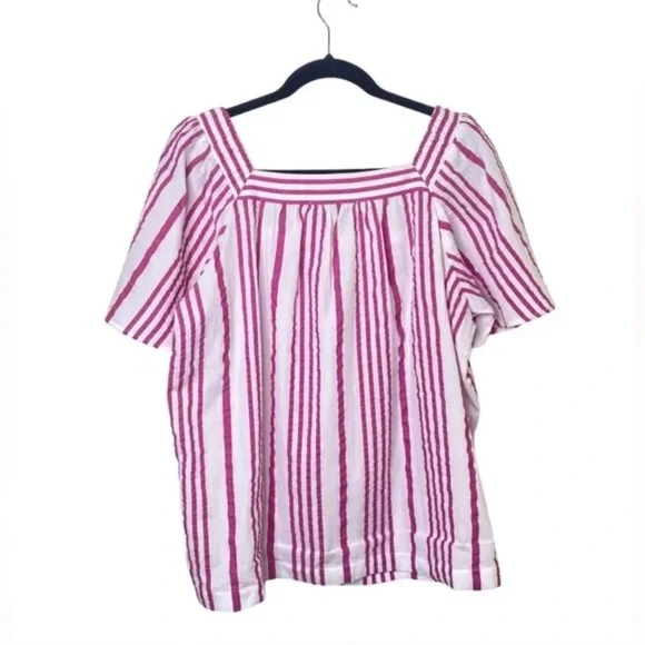 LOFT Square Neck Flutter Sleeve Pink Stripe Top Size M - Picture 3 of 3